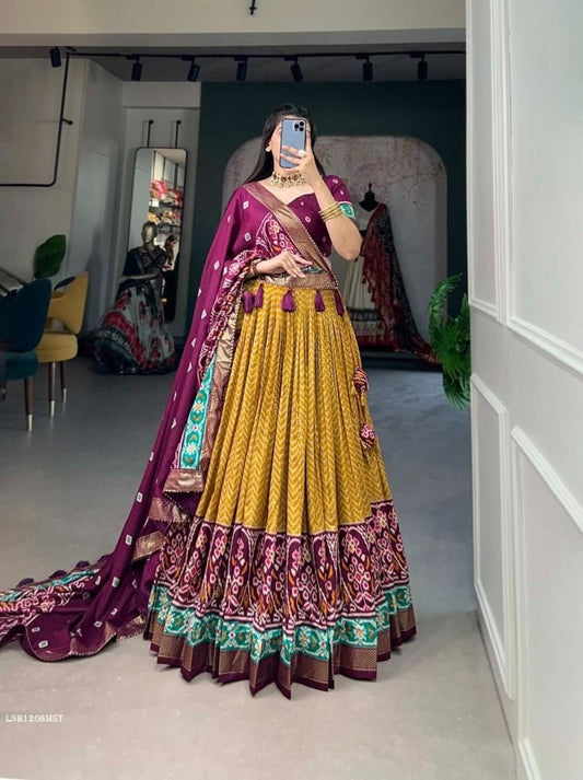 Musterd Foil Print With Patola Tussar Silk Lehenga