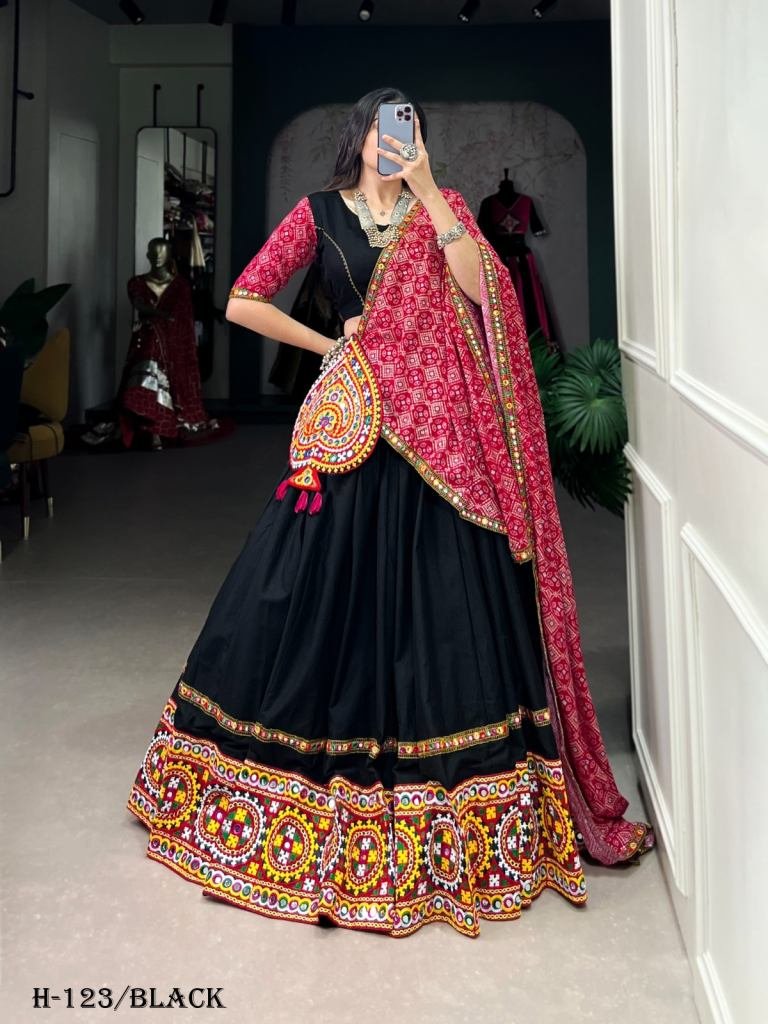 Navaratri Pure Cotton Black Lehenga Choli and Mirror Gamthi Work