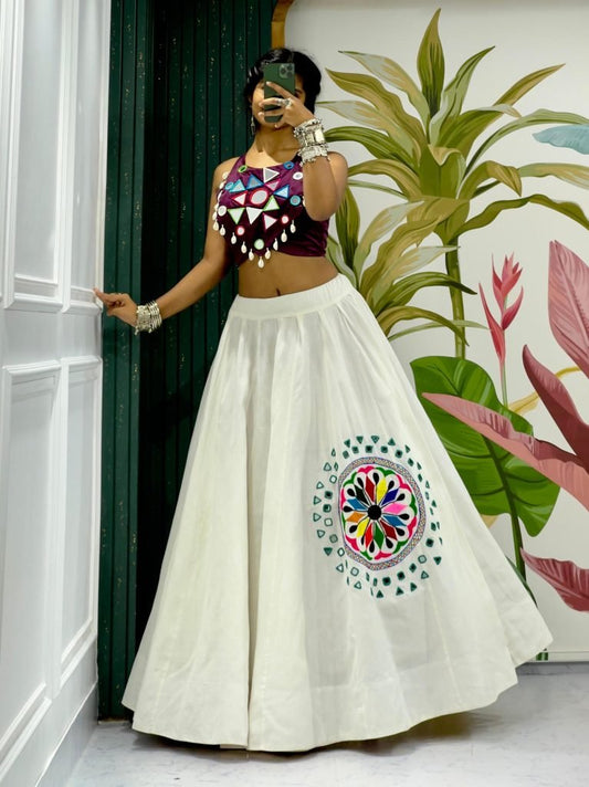 Navratri Fully Flared Lehenga With Wine Halter Neck Blouse