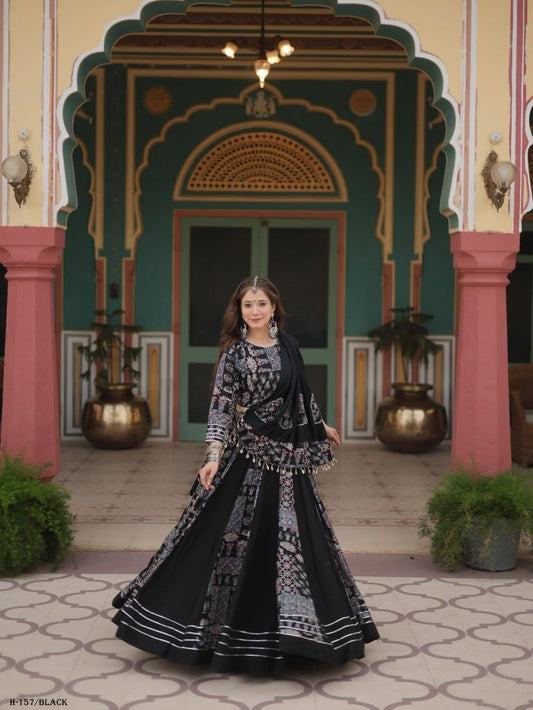 Navratri Gota Patti Lace Printed Rayon Black Lehenga Choli
