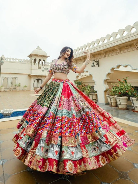 Navratri Multicolor Mirror Work Cotton Lehenga Choli
