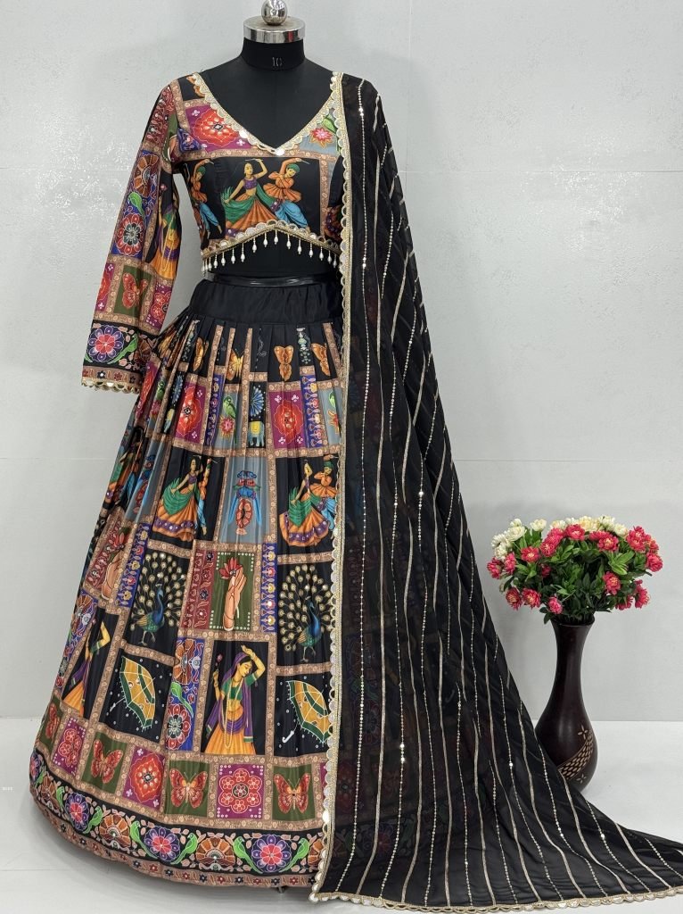 Navratri Special Black Digital Printed Mirror work Lehenga