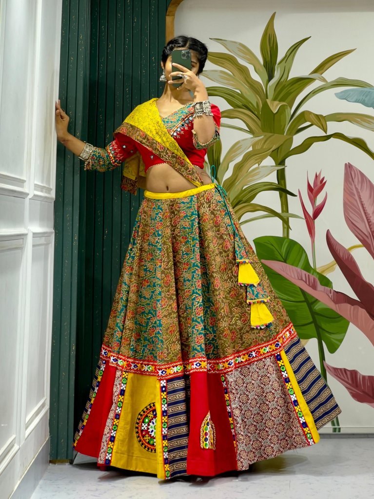 Navratri  Special Cotton Chaniya Choli In Red And Yellow Combination