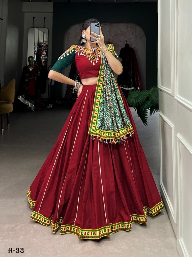 Navratri Special Cotton Red Lehenga and Stitched Blouse With Dupatta