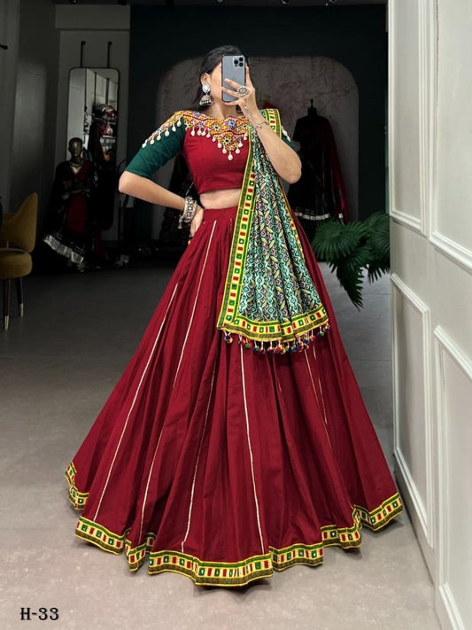 Navratri Special Cotton Red Lehenga and Stitched Blouse With Dupatta