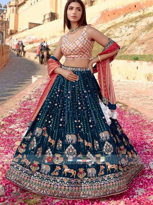 Navratri Special Navy Blue Georgette Multi Needle Work Lehenga