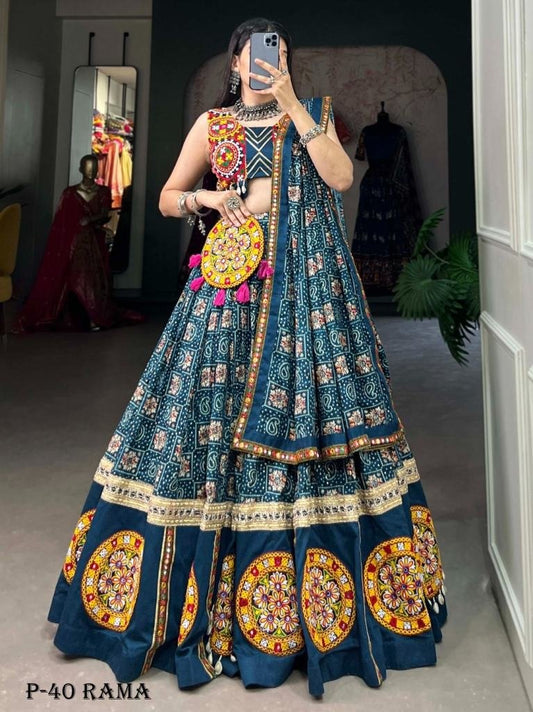 Navratri Special Rama Lehenga Choli With Gamthi Work Patch