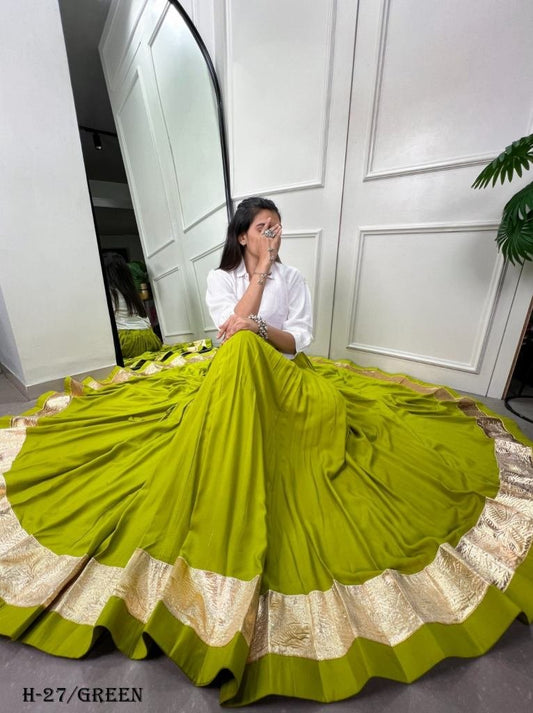 Navratri Traditional Rayon Green Lehenga With 6Mtr Flair Only Skirt