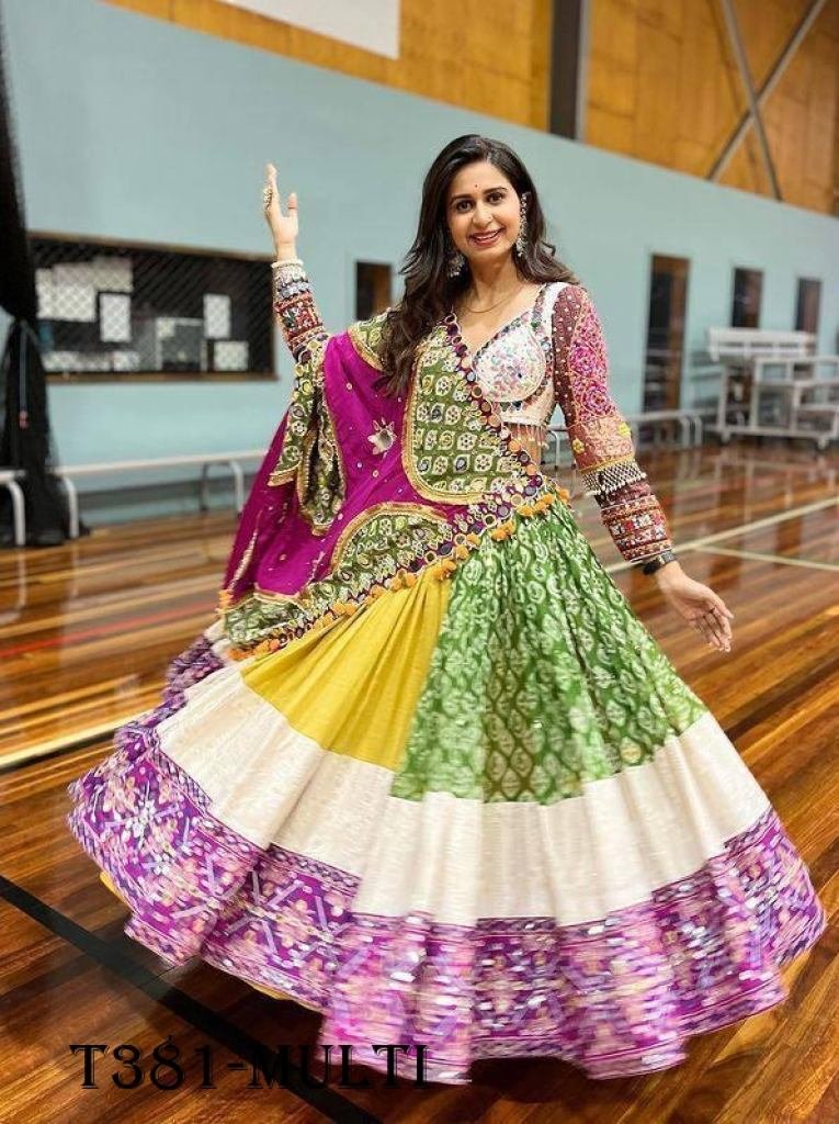 Navratri Wear Designer Multi Color Butter Silk Lahenga Choli