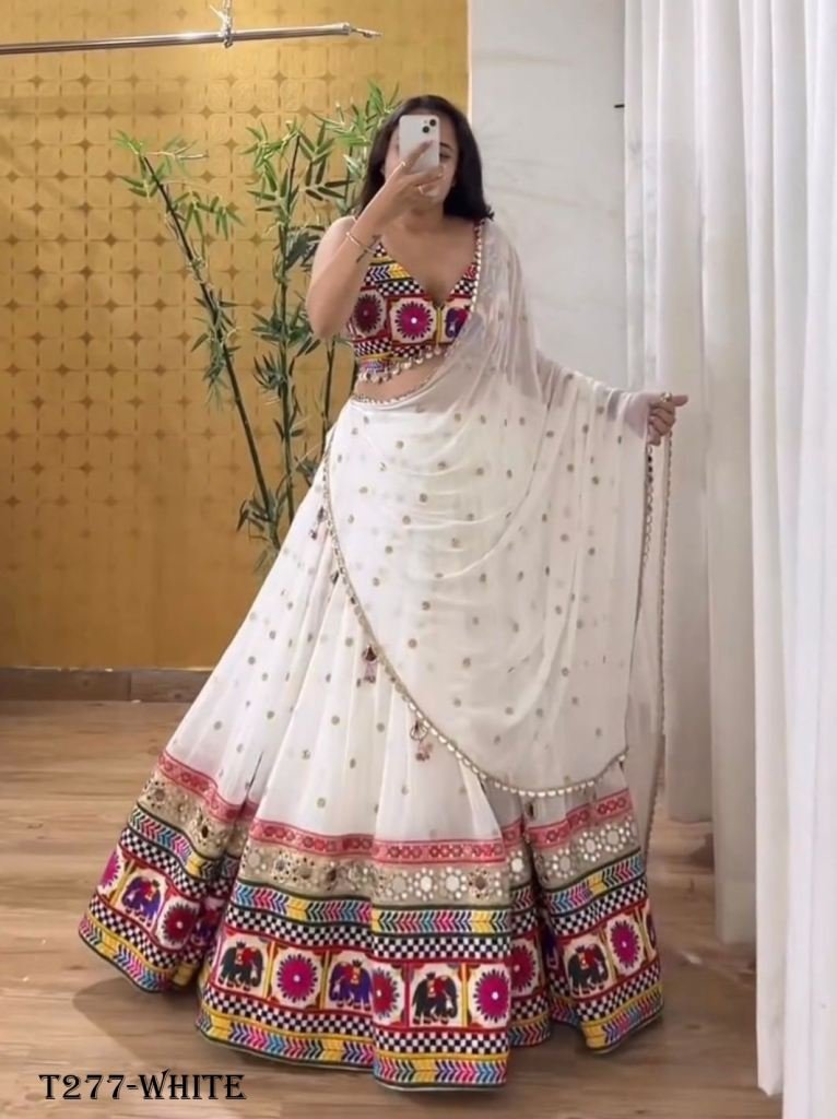 Navratri Wear Real Mirror White Work Gorgette Lehenga Choli