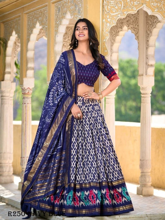 Navy Blue Beautiful Ikkat Printed Tussar Silk Lehenga Choli With Foil Work