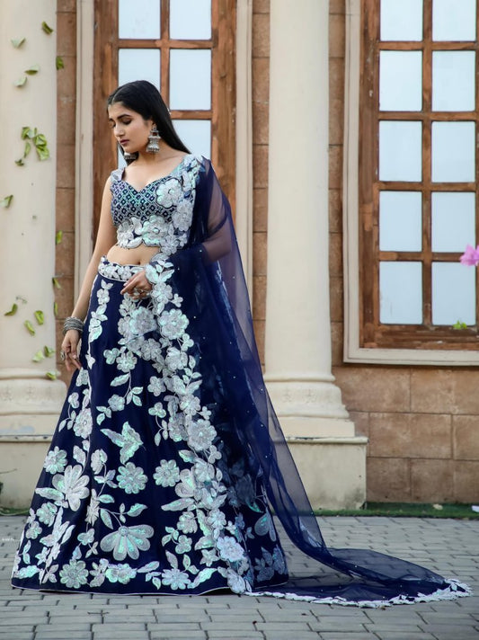 Navy Blue Kasturi Silk Georgette Lehenga With Sequence Work
