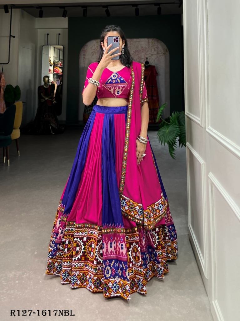 Navy Blue New Transitional Rayon Navratri Lehenga Choli With Gamthi Work Or Printed