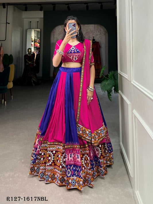 Navy Blue New Transitional Rayon Navratri Lehenga Choli With Gamthi Work Or Printed