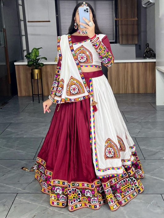 New Arrival Gamthi Patch Work Maroon And White Chaniya Choli