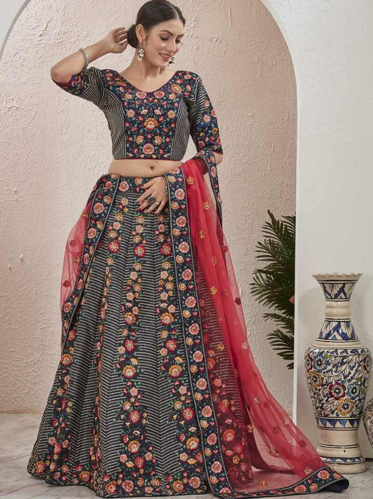 New Arrival Navy Blue Semi Stitched Jute Silk Lehenga choli