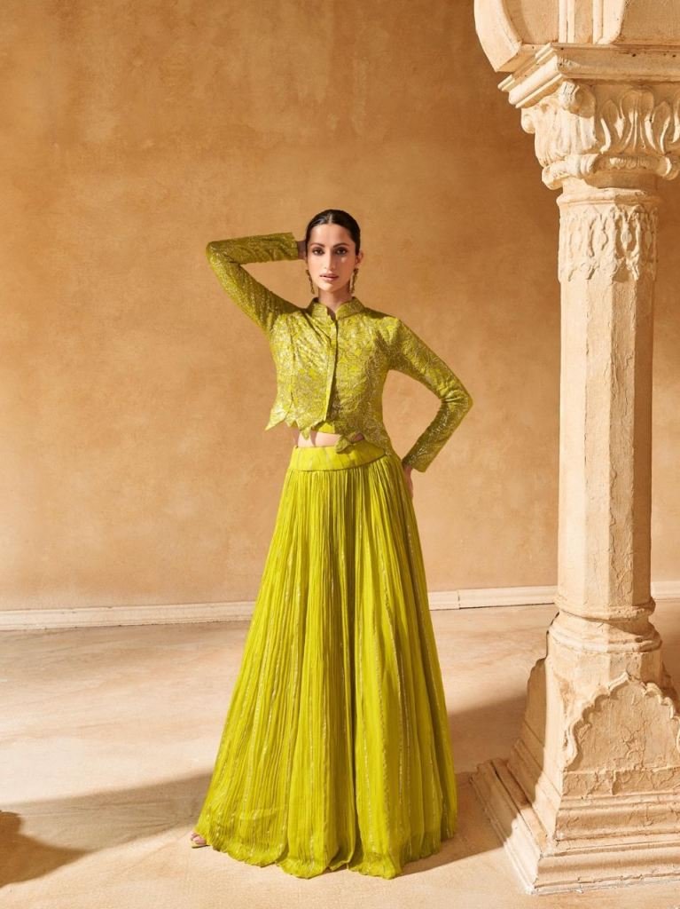 New Branded Raas 3 Primium Parrot Green Chinon Silk Lehenga Choli With Jacket