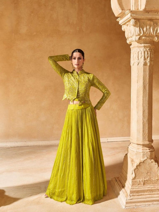 New Branded Raas 3 Primium Parrot Green Chinon Silk Lehenga Choli With Jacket