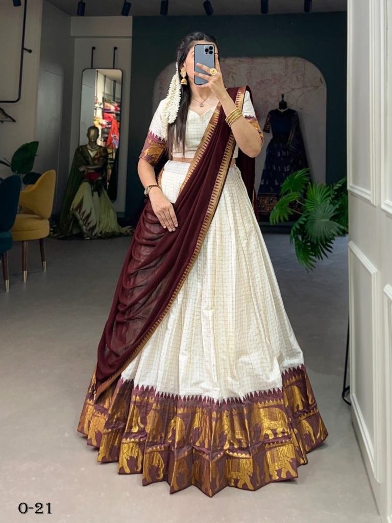 New Design Kalyani Cotton White Lehenga Choli With Flowing Georgette Dupatta