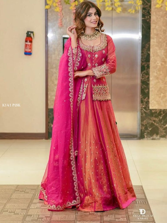 New Designer Party Wear Pink Top Lehenga   Dupatta Set