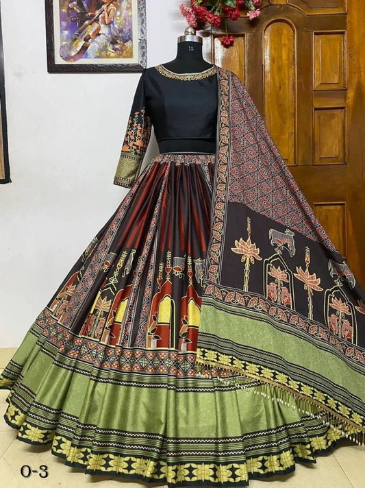 New Designer Butter Silk Digital Printed Black Lehenga Choli