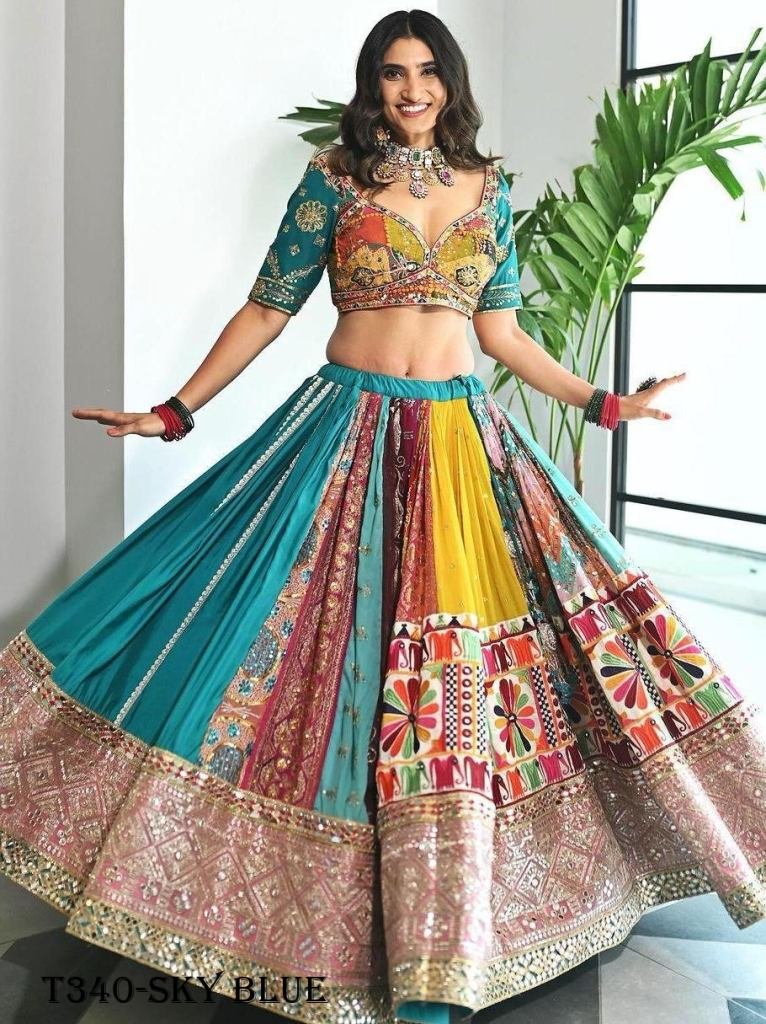 New Navratri Special Sky Blue Muslin Cotton Lehenga Choli