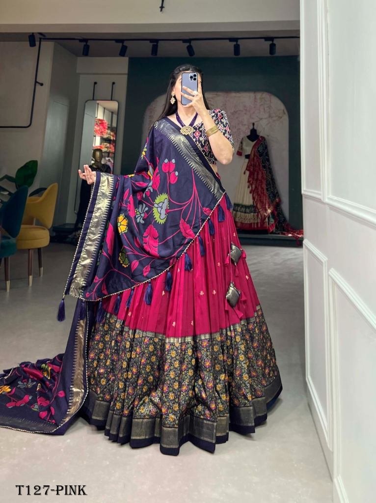 New Printed Pink Tussar Silk Navratri Lehenga Choli