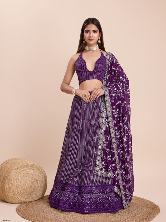 New Purple Georgette Sequins Work Lehenga Choli