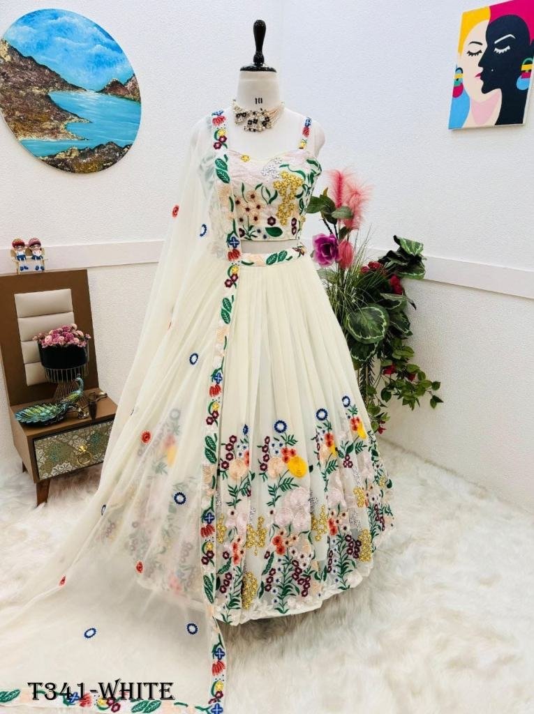 New White Real Modeling Georgette Lehenga Choli