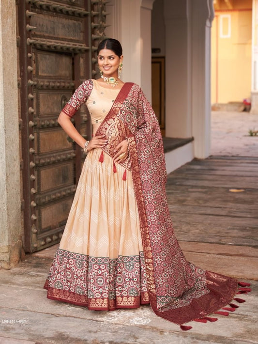 Off White Ajarakh Printed Tussar Silk Lehenga Choli