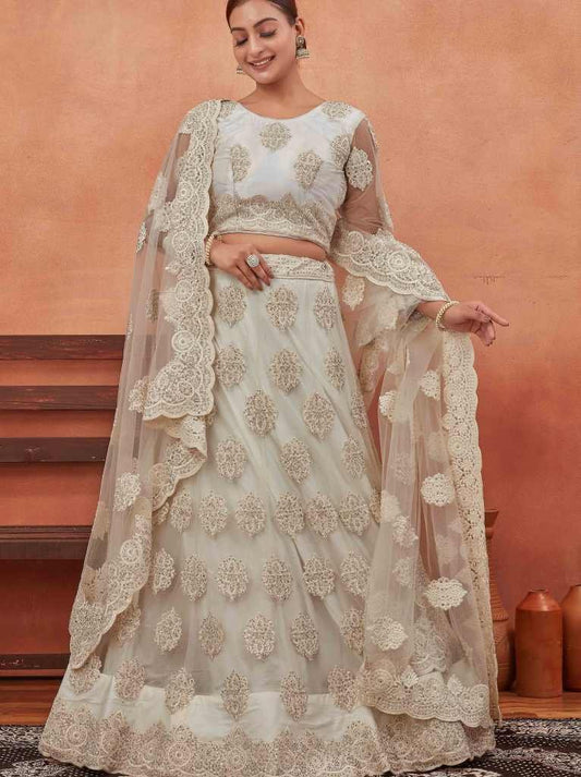Off White Net Embroidered Lehenga choli