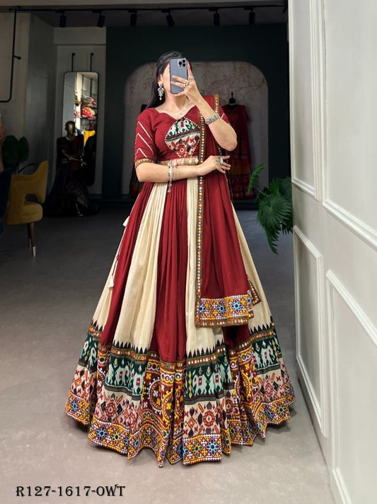 Off White New Transitional Rayon Navratri Lehenga Choli With Gamthi Work Or Printed