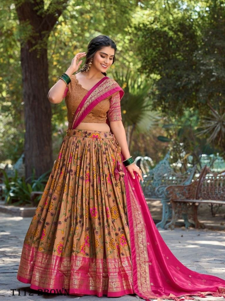 Offer Collection Designer Kalamkari Print Brown Silk Lehenga Choli