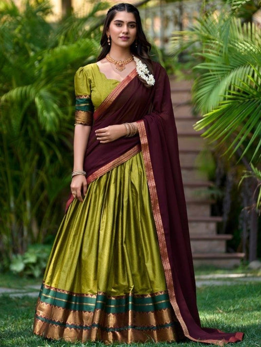 Olive Green Colour Zari Weaving Work Half Lehenga Saree