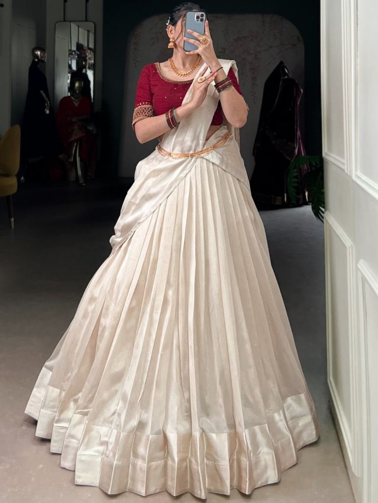Onam Festive Special Maroon Blouse With White Half Lehenga Saree