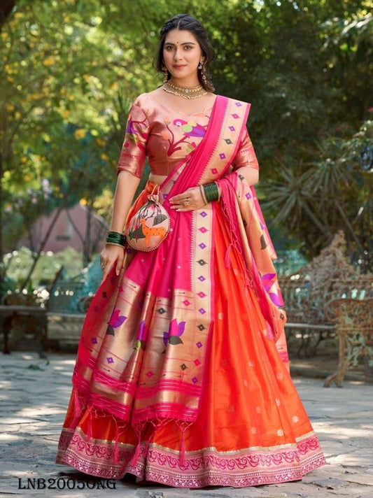 Orange Color Classic Jacquard Silk Paithani Lehenga Choli