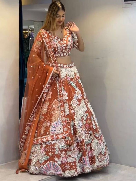 Orange Sequins Embroidery Work Butterfly Net Lehenga Choli