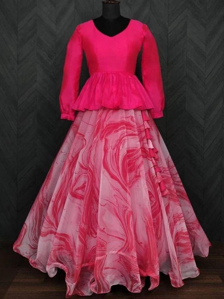 Organza Digital printed Pink Lehenga With Peplum Blouse