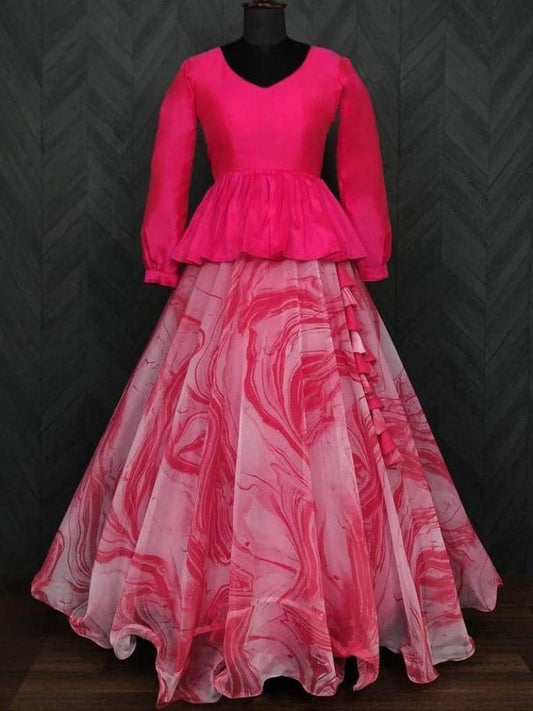 Organza Digital printed Pink Lehenga With Peplum Blouse