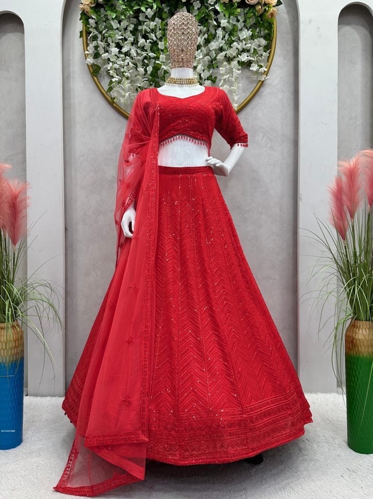 Boutique Style Red Georgette Sequence Semi Stitched Lehenga Choli
