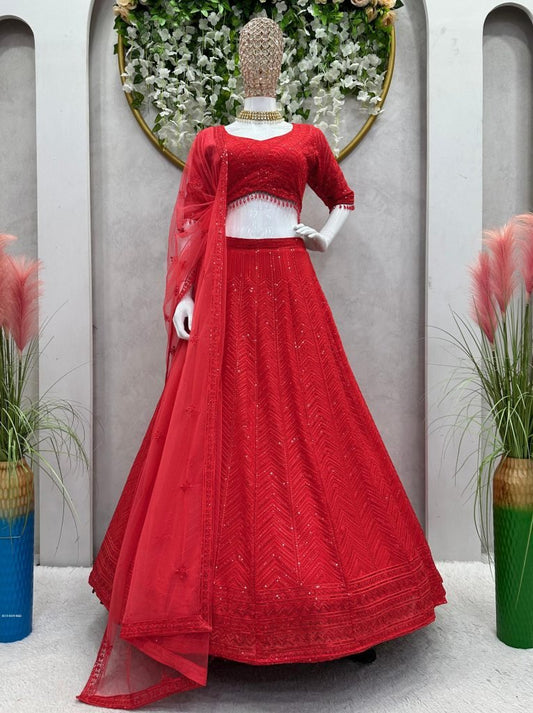Boutique Style Red Georgette Sequence Semi Stitched Lehenga Choli