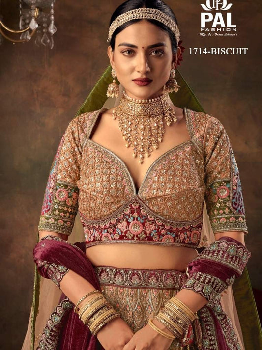 Pal Heavy Designer Velvet Bridal Lehenga with Zarkan and Hand work - Biscuit 1714