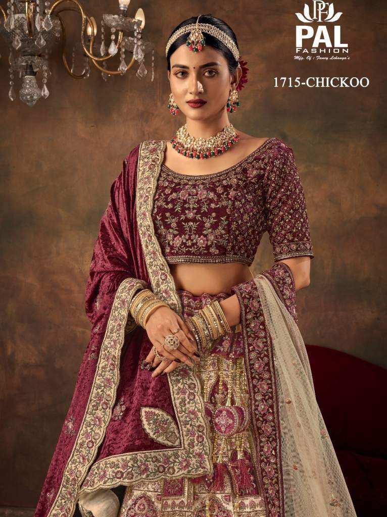 Pal Heavy Designer Velvet Bridal Lehenga with Zarkan and Hand work -chikoo 1715