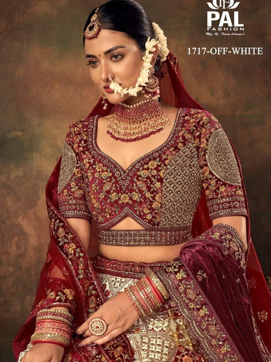 Pal Heavy Designer Velvet Bridal Lehenga with Zarkan and Hand work -Off White 1717