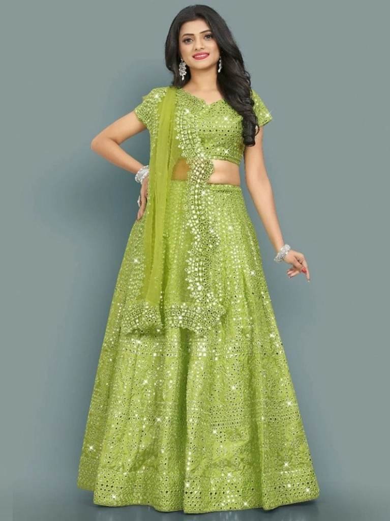 Parrot Green Colour Mirror With Heavy Embroidery Work Lehenga Choli