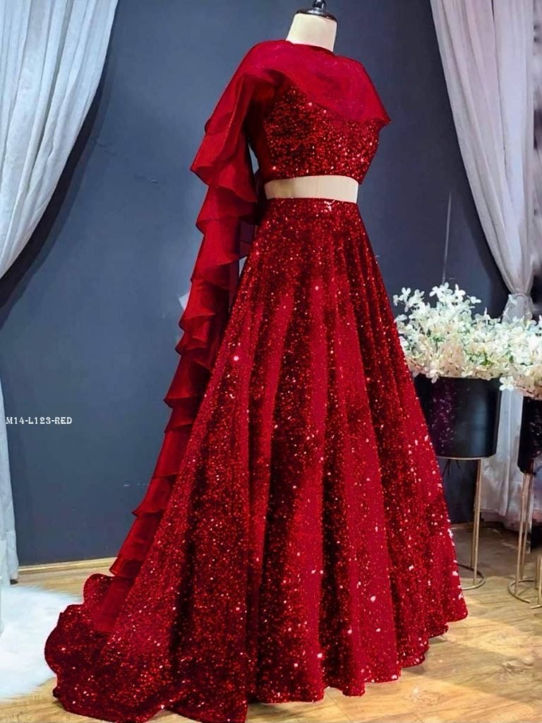 Party Special Velvet Sequence Red Lehenga Choli With Ruffle Dupatta