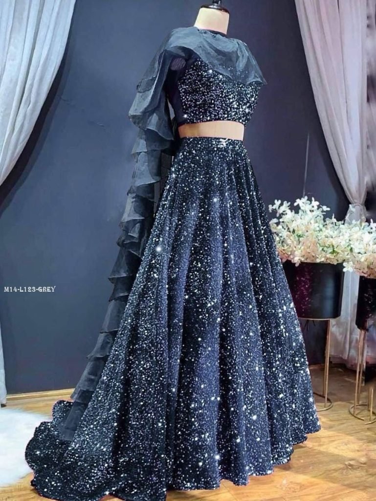Party Special Velvet Sequence Grey Lehenga Choli With Ruffle Dupatta