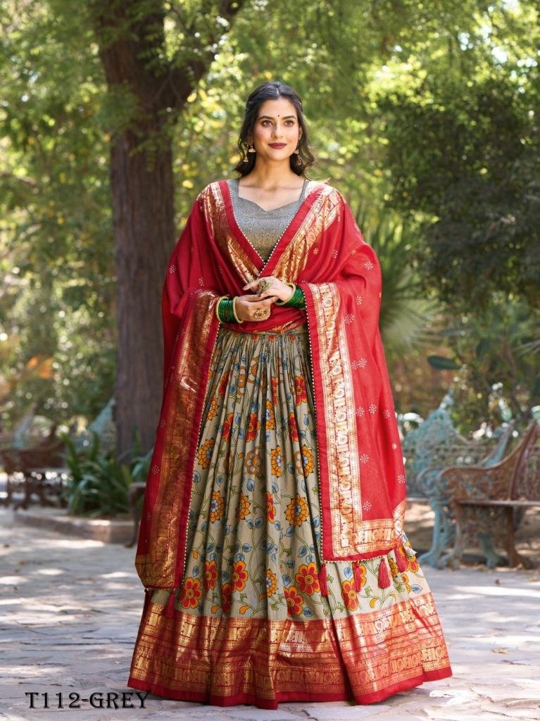 Party Wear Kalamkari Print Grey Silk Lehenga Choli By Fab Funda