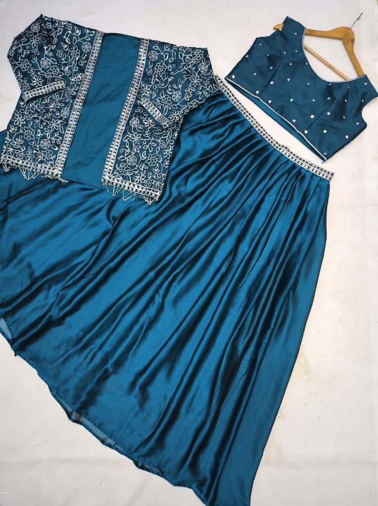 Party Wear Rama Colour Embroidery Work Lehenga With Koti