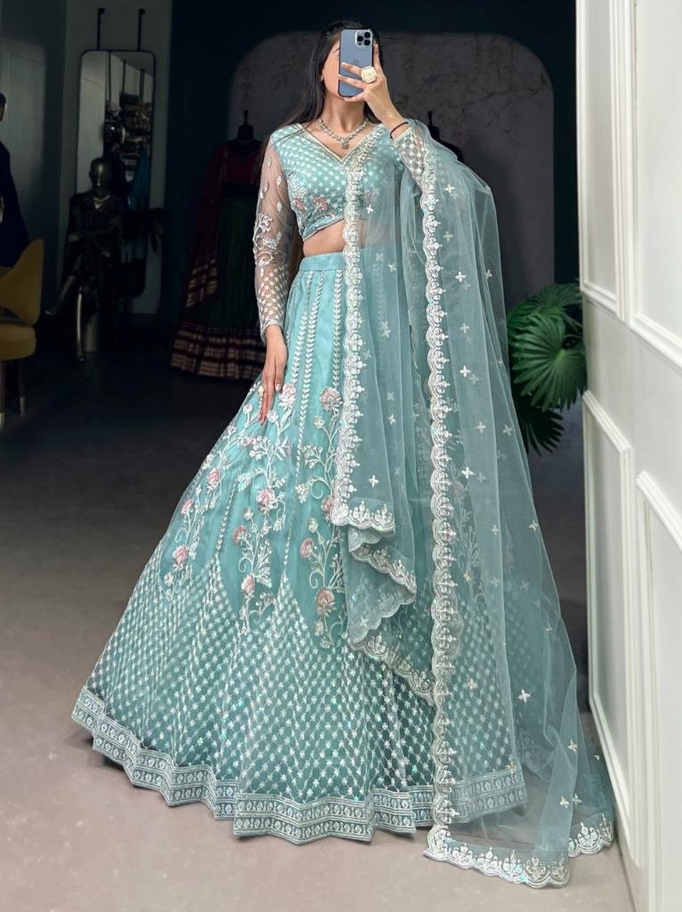 Pastel Blue Net Sequins Thread Embroidery Work Stitched Lehenga Choli